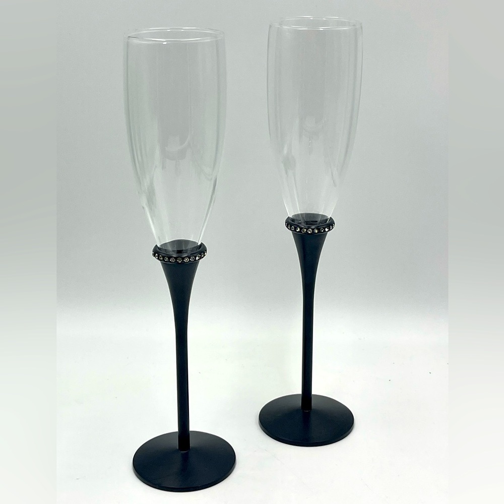 Set of 2 - Deco Glam Glass Champagne Flutes with Black Metal Stem & Rhinestones